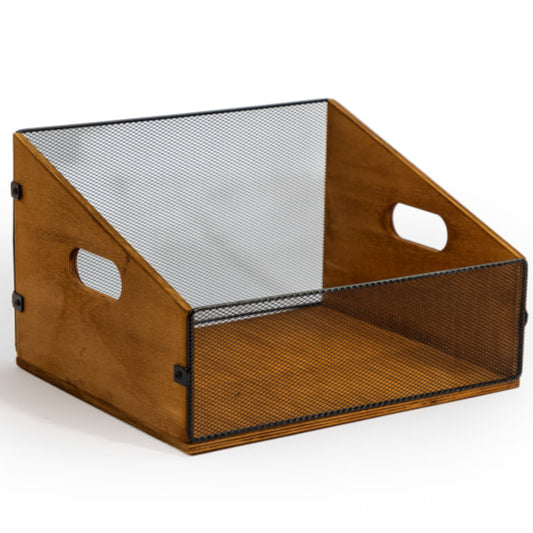 A triangular desk organizer with a warm brown wood frame and black metal mesh panels, featuring two oval cutouts on the sides, shown on a white background.