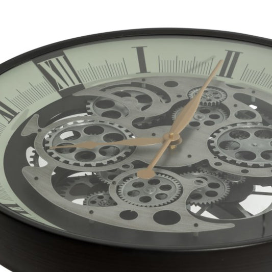 Wall clock with mechanical gear design on a white background