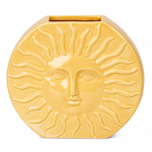 A round, mustard-yellow ceramic sun-face planter with a glossy finish, shown against a plain white background.