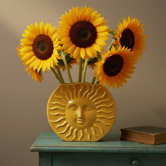 A yellow ceramic sun-face vase filled with bright yellow sunflowers, placed on a distressed teal wooden table against a warm beige wall.