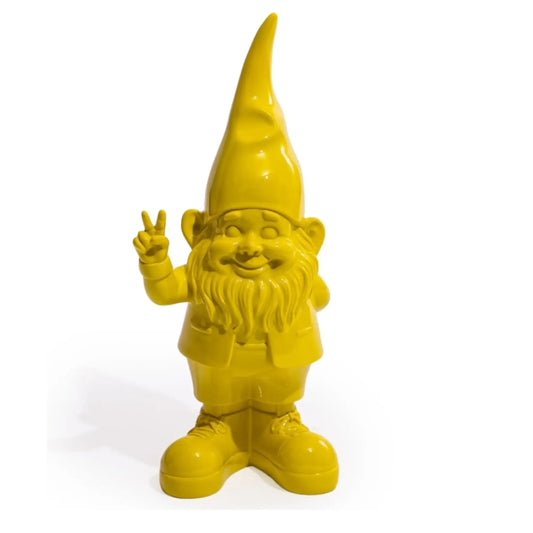 Yellow garden gnome making a peace sign on a white background