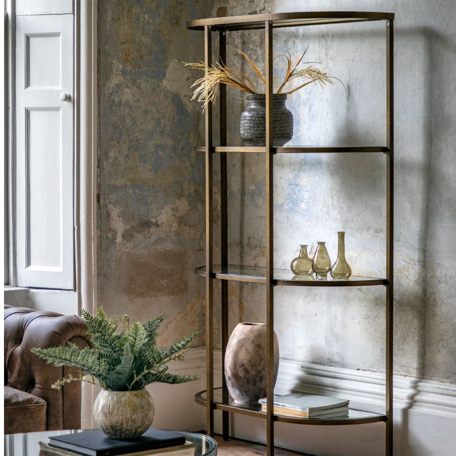 Aged Bronze Metal and Glass Semi Circle Shelf Unit - The Farthing
