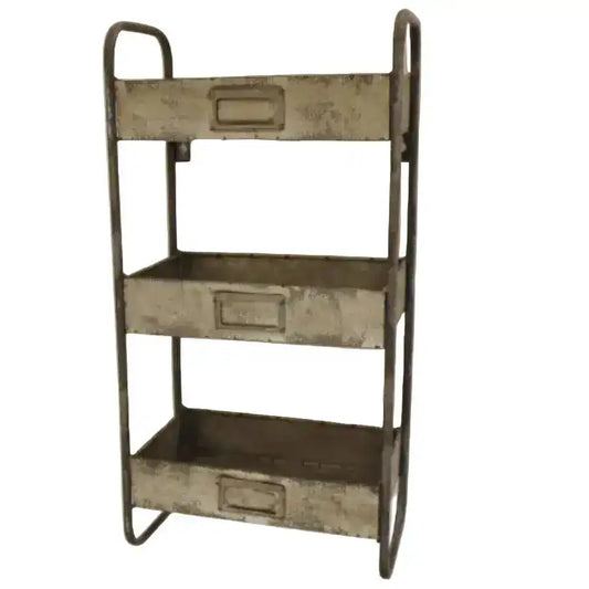 Vintage-style metal shelf with three tiers on a white background
