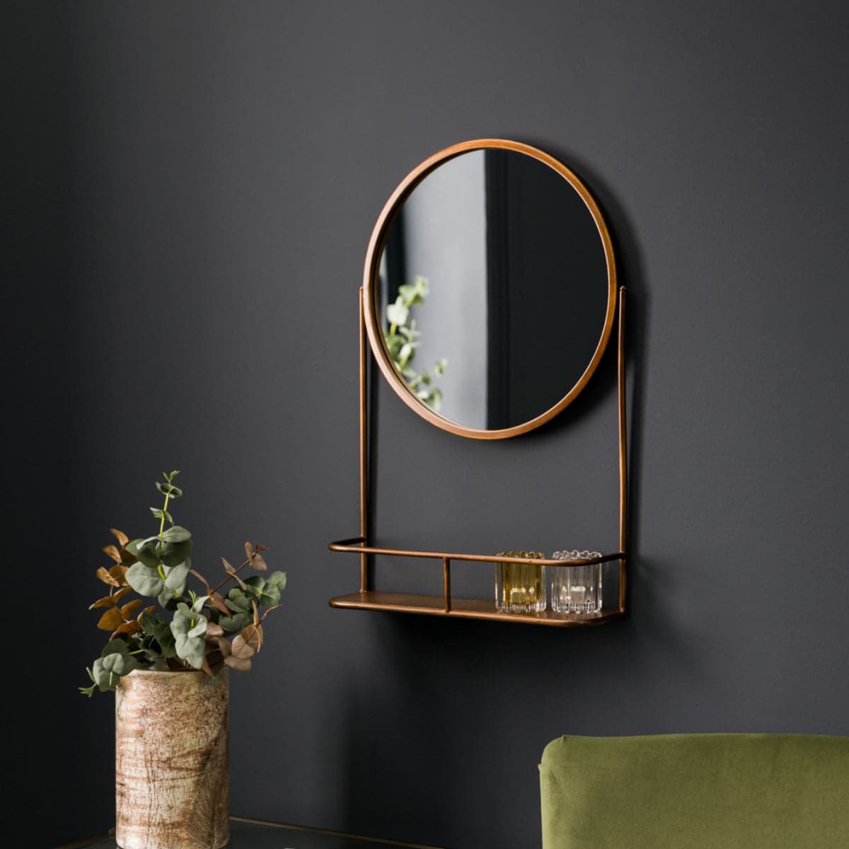 Antique Bronze Round Industrial Mirror with Shelf - The Farthing