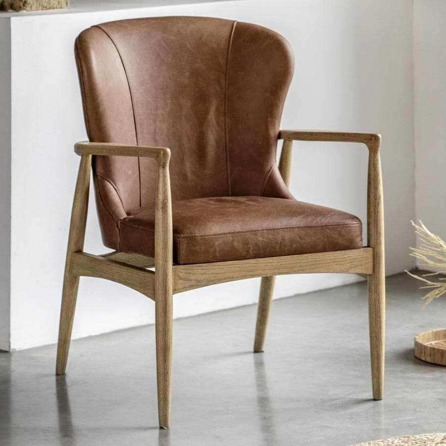Antique Brown Leather & Oak Curved Back Armchair - The Farthing