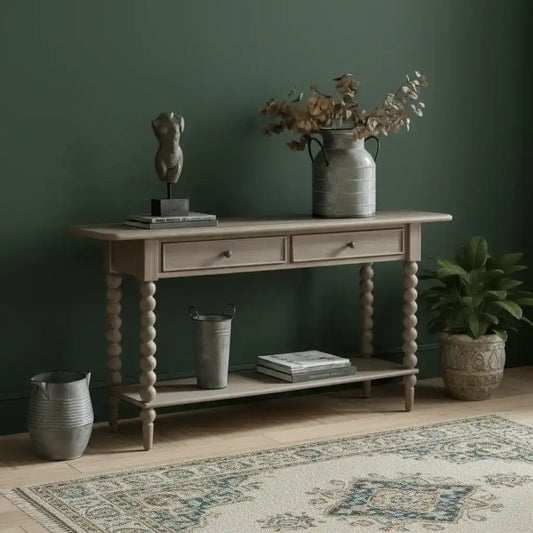 Wooden console table with decorative items on a white background