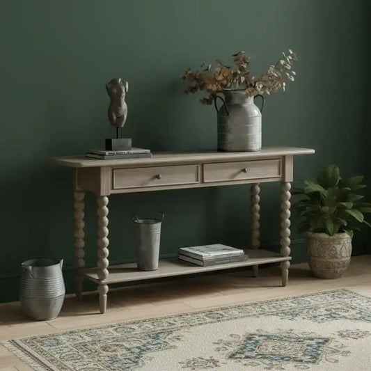 Wooden console table with decorative items on a white background