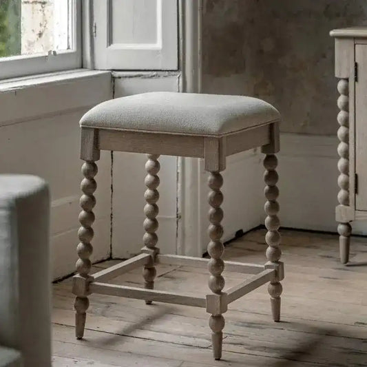 Beaded Edge Oak Stool with Fabric Padded Top - The Farthing