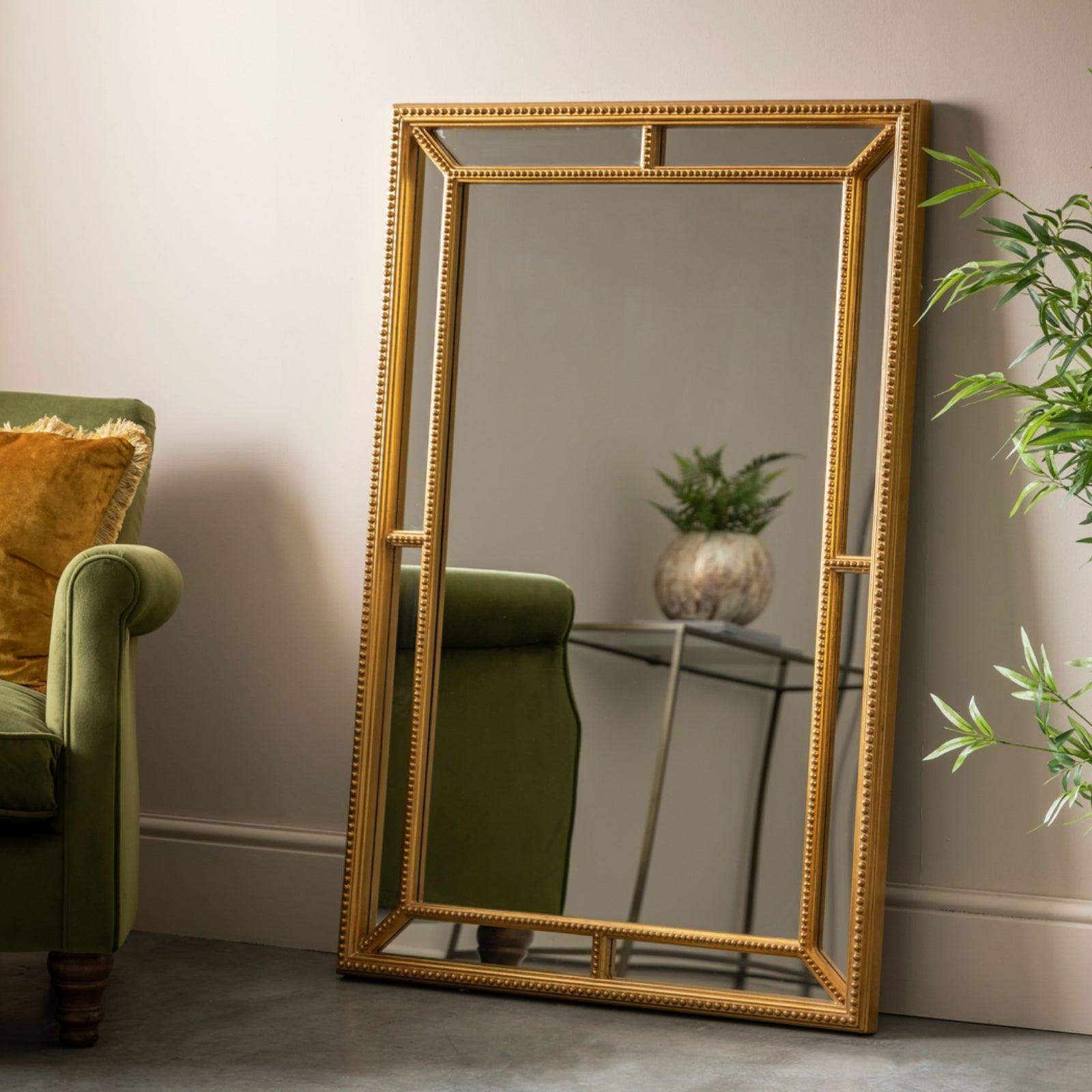 Beaded Rectangular Wall Mirror with Antique Gold Leaf Frame - The Farthing