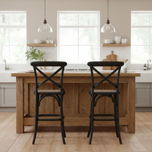 Wooden kitchen island with two black bar stools in a bright kitchen setting.