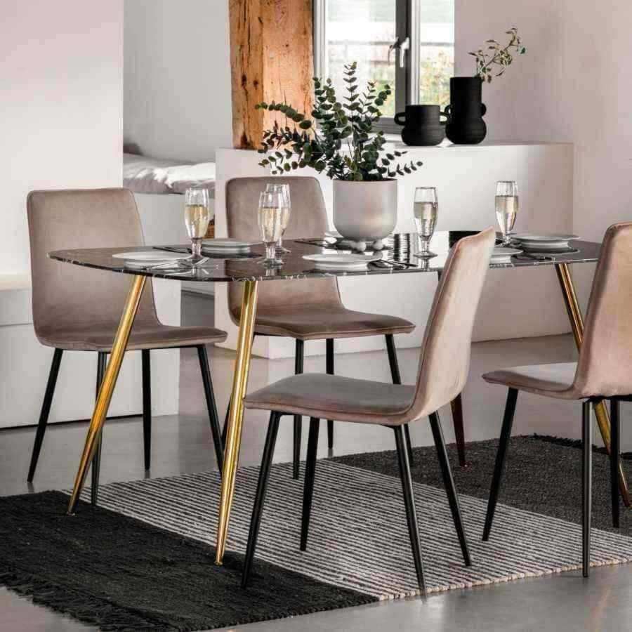 Black Faux Marble Glass Top with Gold Legs Dining Table (4-6 seater) - The Farthing