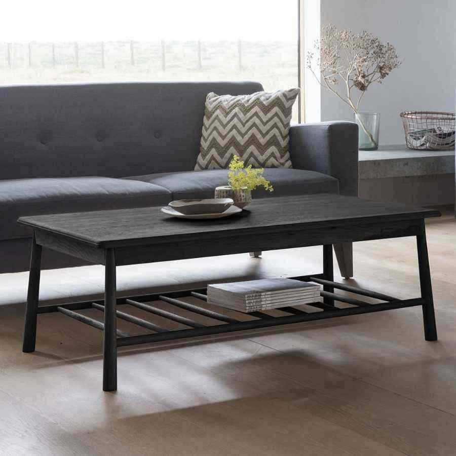 Black Stained Oak Rectangle Spindle Shelf Coffee Table - The Farthing