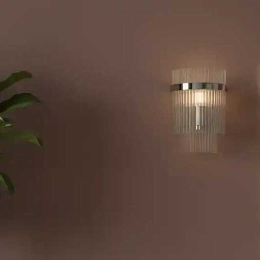 Wall-mounted light fixture casting a shadow on a wall next to a potted plant.