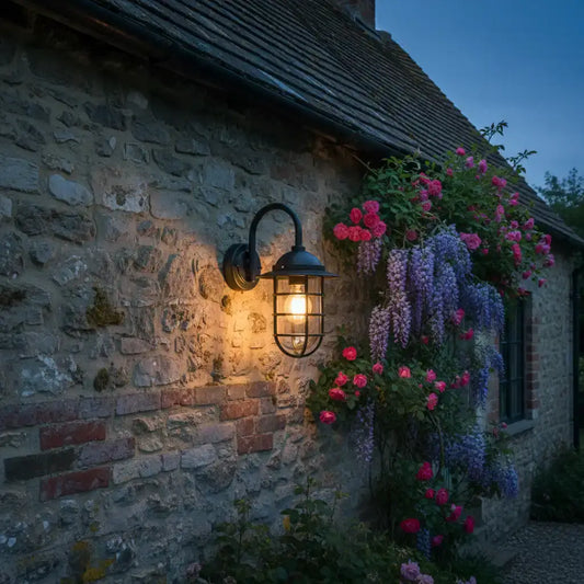 Stone building with a wall-mounted lantern and flowering plants at dusk.