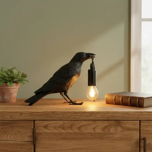 Decorative lamp shaped like a crow with a light bulb in its mouth on a neutral background