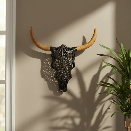 Decorative bull skull with wooden horns on a wall next to a plant