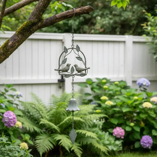 Decorative wind chime with birds and a bell hanging from a tree branch in a garden.