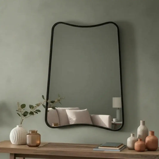 Distressed Black Flowing Curved Corner Wall Mirror - The Farthing