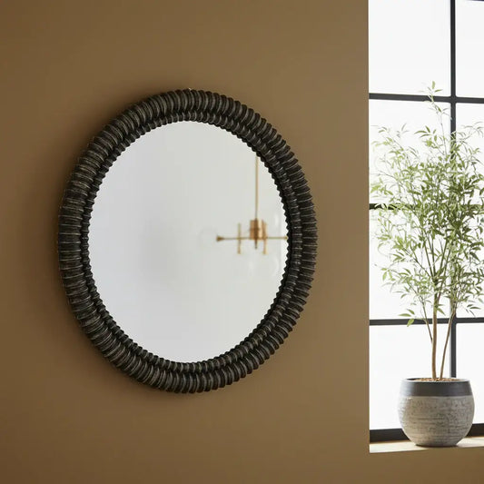 Distressed Black Wash Ribbed Round Mirror - The Farthing