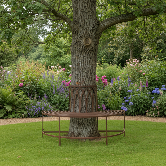 Distressed Brown Outdoor Semi Circle Tree Bench Seat