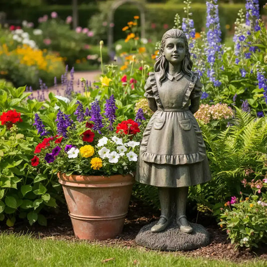 Statue of a girl in a garden with flowers and plants