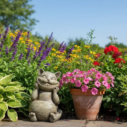 Cat-shaped garden ornament with flowers and plants in a garden setting