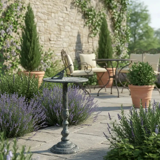 Outdoor patio setting with garden furniture and decorative table in a garden.