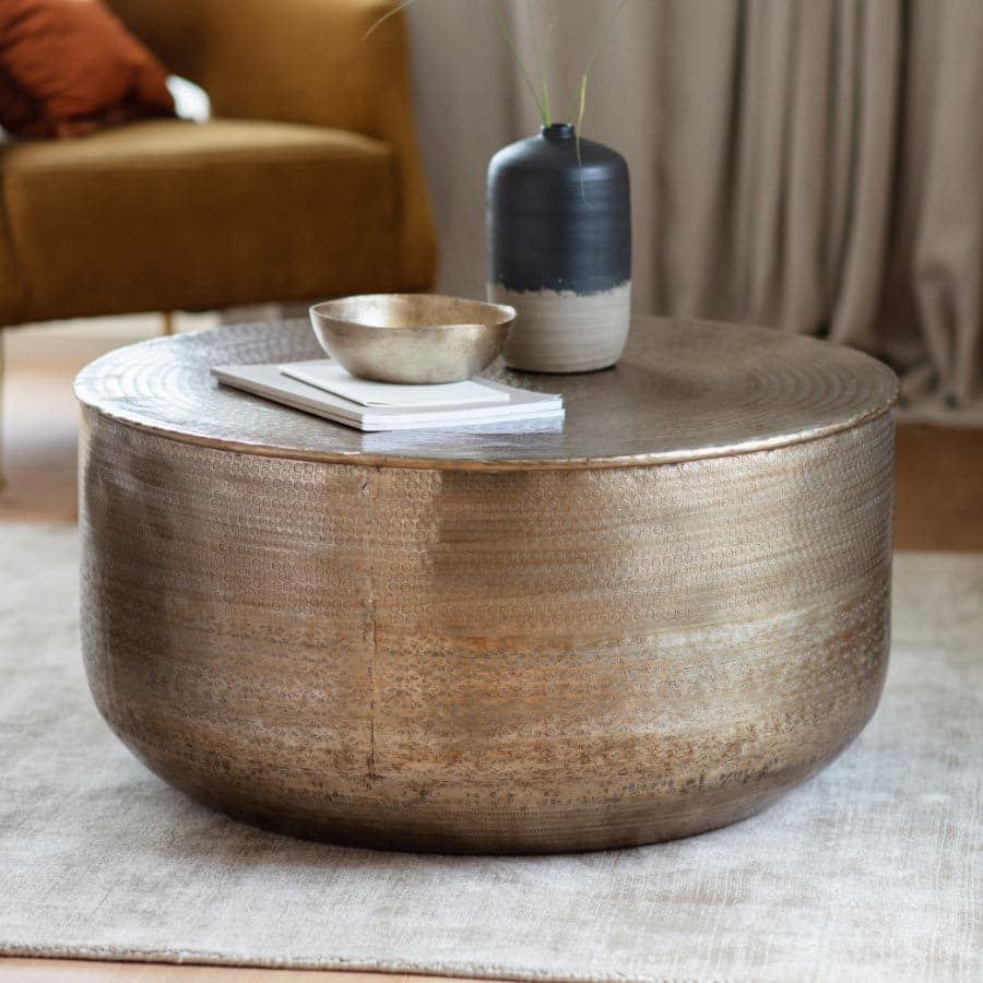 Embossed Metal Round Drum Coffee Table - The Farthing