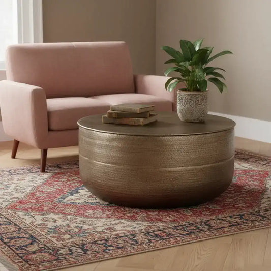 Round brown coffee table with a plant and books in a living room setting.