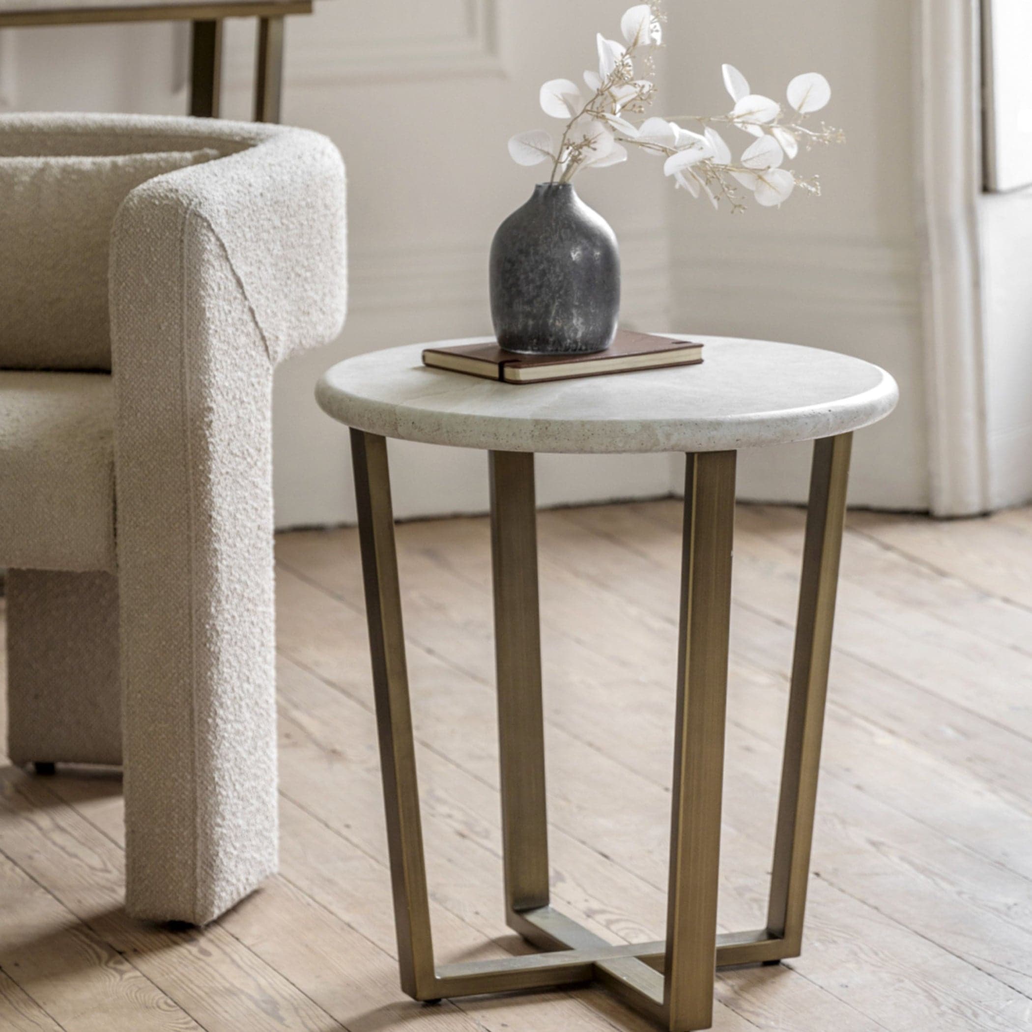 Faux Travertine Topped Antique Bronze Legged Side Table - The Farthing