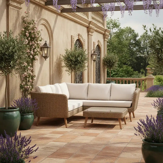 Outdoor patio with wicker furniture, potted plants, and a floral pergola.