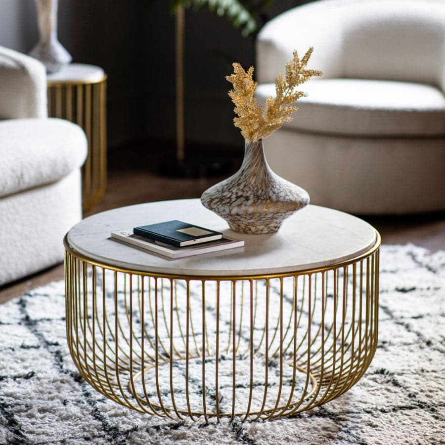 Golden Wire Base Marble Top Round Coffee Table - The Farthing