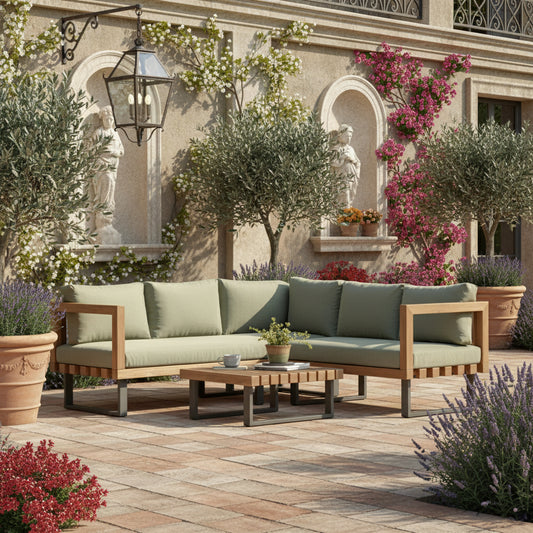 Green Cushion Wooden Outdoor Corner Sofa Set - The Farthing