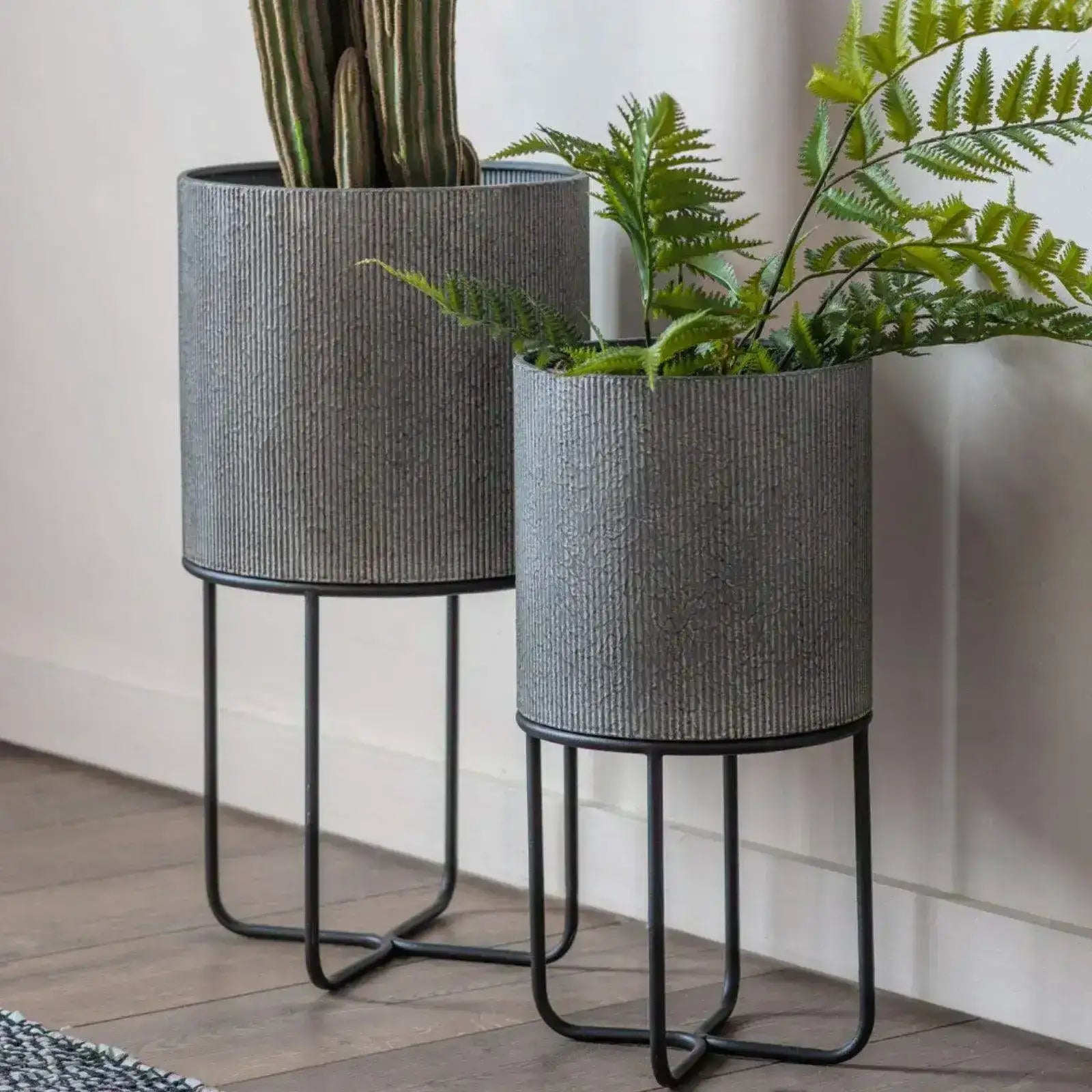 indoor plant pot stands uk Grey Raised Metal Plant Pot Set