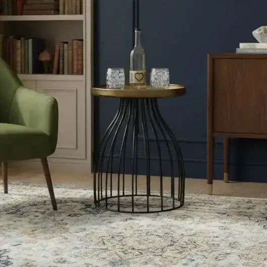Industrial Cage Base Round Gold Topped Side Table - The Farthing