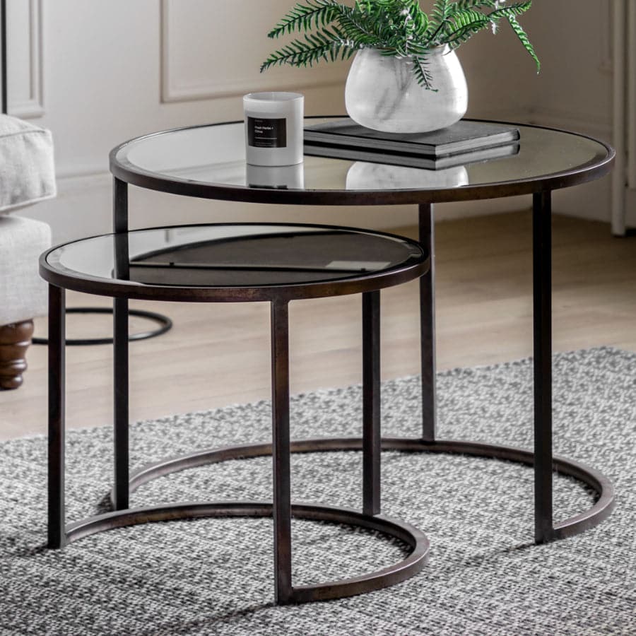 Industrial Metal & Mirrored Glass Nestling Coffee Table Set - The Farthing