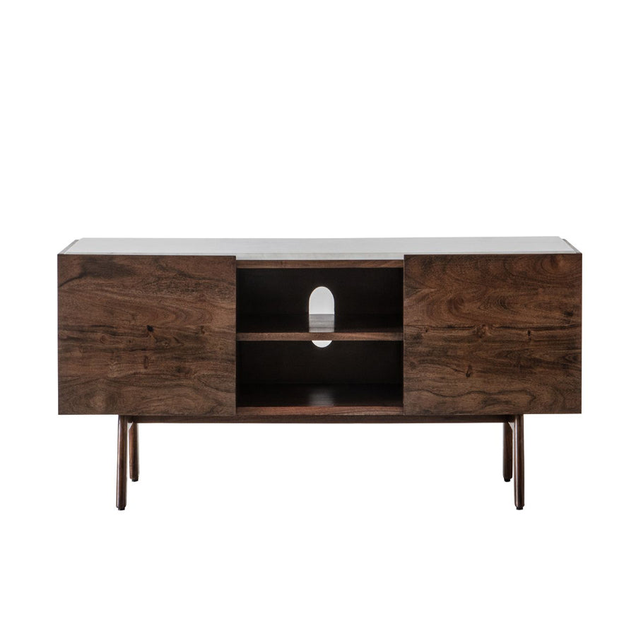 Inlaid White Marble Top Dark Wood Media Unit - The Farthing