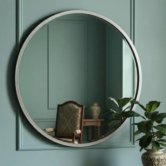 Large Antique Silver Round Wall Mirror - The Farthing