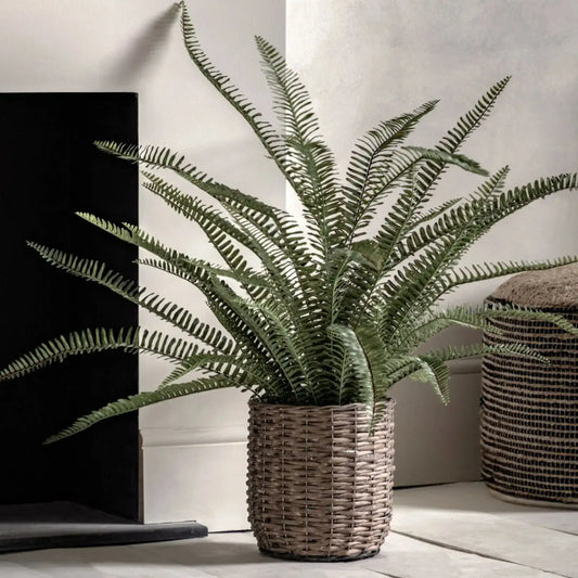 Large Faux Green Fern in Wicker Pot - The Farthing