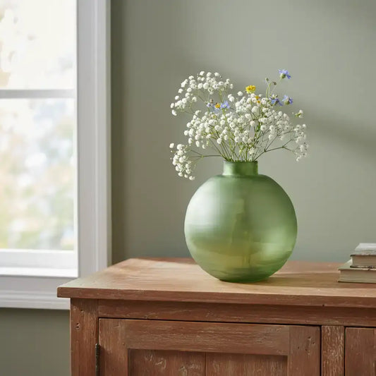 Large Green Bevelled Glass Round Vase