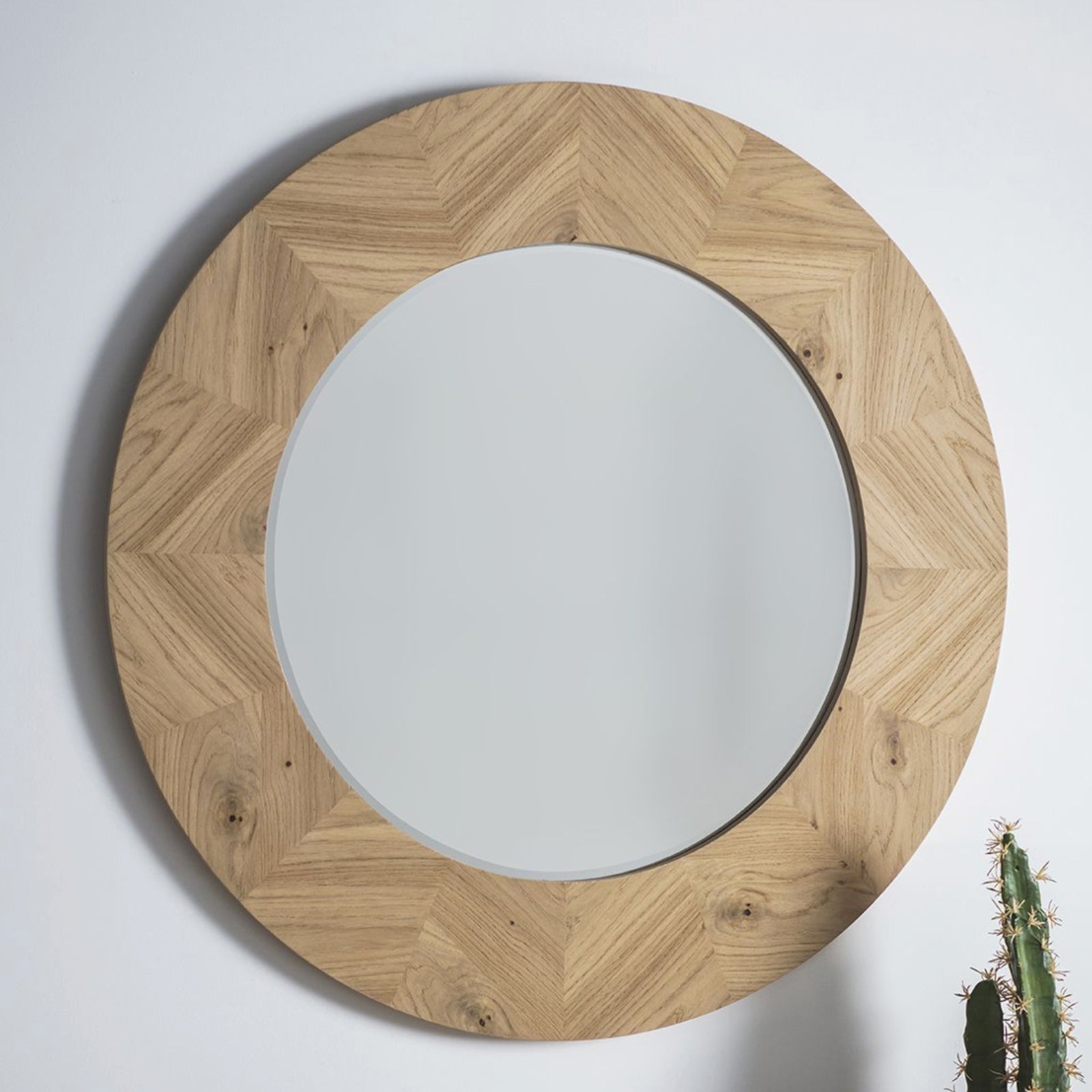 Large Oak Chevron Inlay Round Mirror - The Farthing
