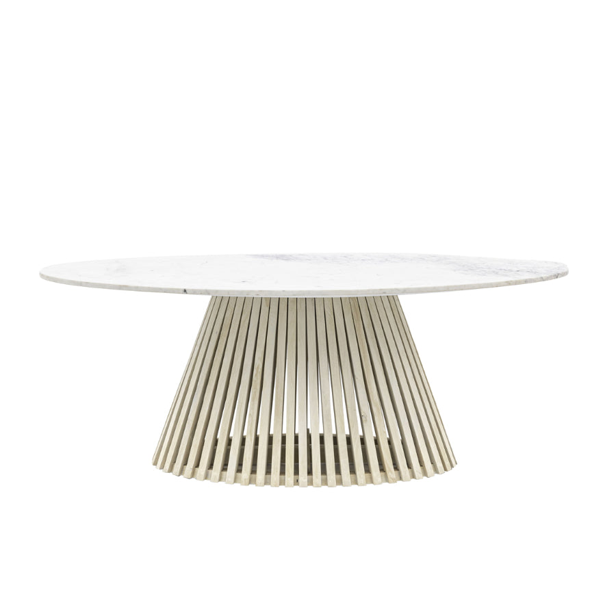 Large Oval Sloping Slatted Wood & Marble Top Dining Table - The Farthing