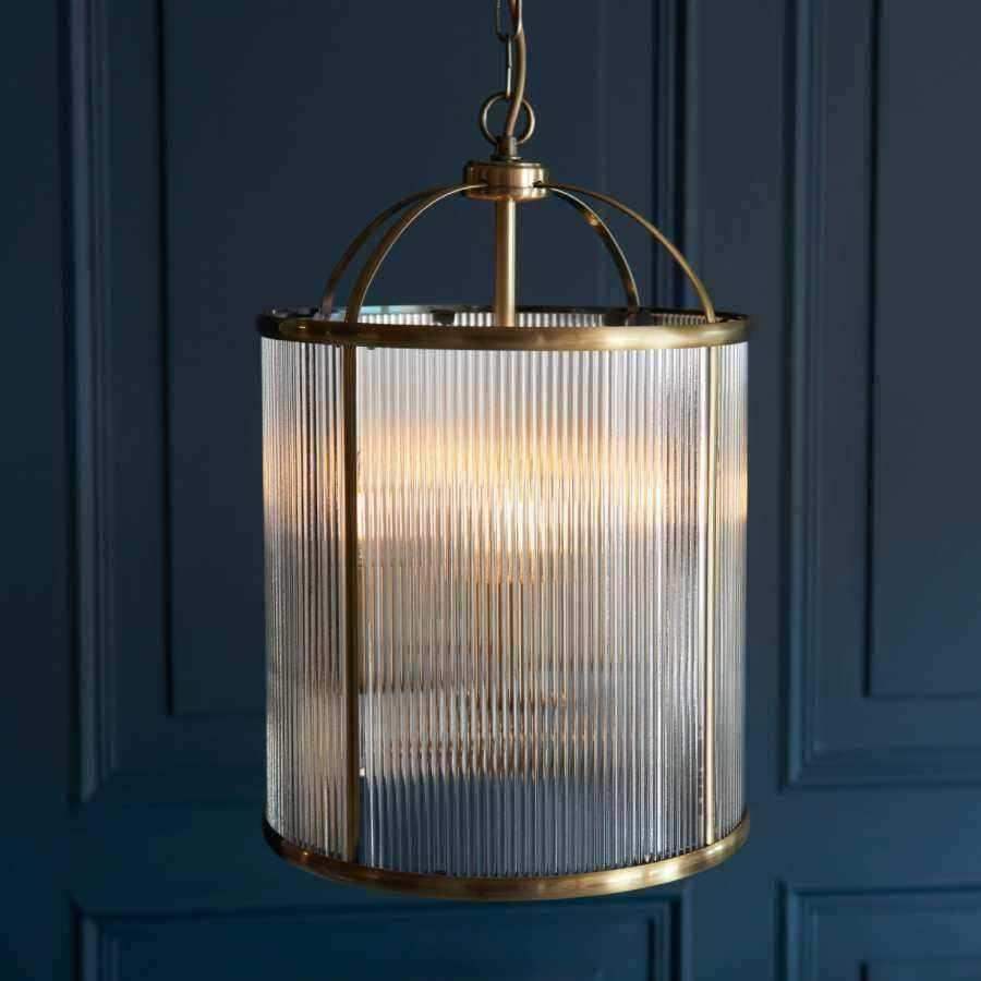 Large Ribbed Glass & Antique Brass Pendant Light - The Farthing