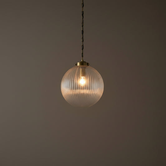 Large Ribbed Glass Globe Pendant Light - Antique brass - The Farthing