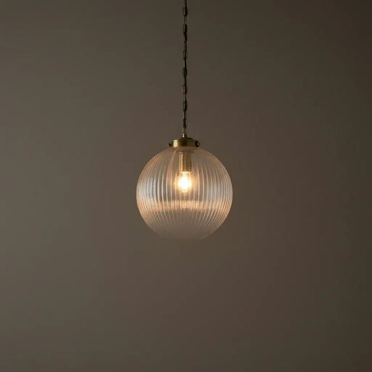 Large Ribbed Glass Globe Pendant Light - Antique brass - The Farthing