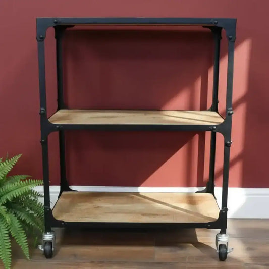 Low Industrial Metal and Wood Open Display Shelf Unit