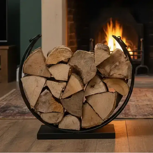Firewood arranged in a circular metal holder in front of a burning fireplace.