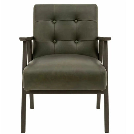 Mid Century Green Leather Button Back Armchair - The Farthing