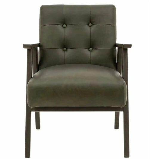 Mid Century Green Leather Button Back Armchair - The Farthing