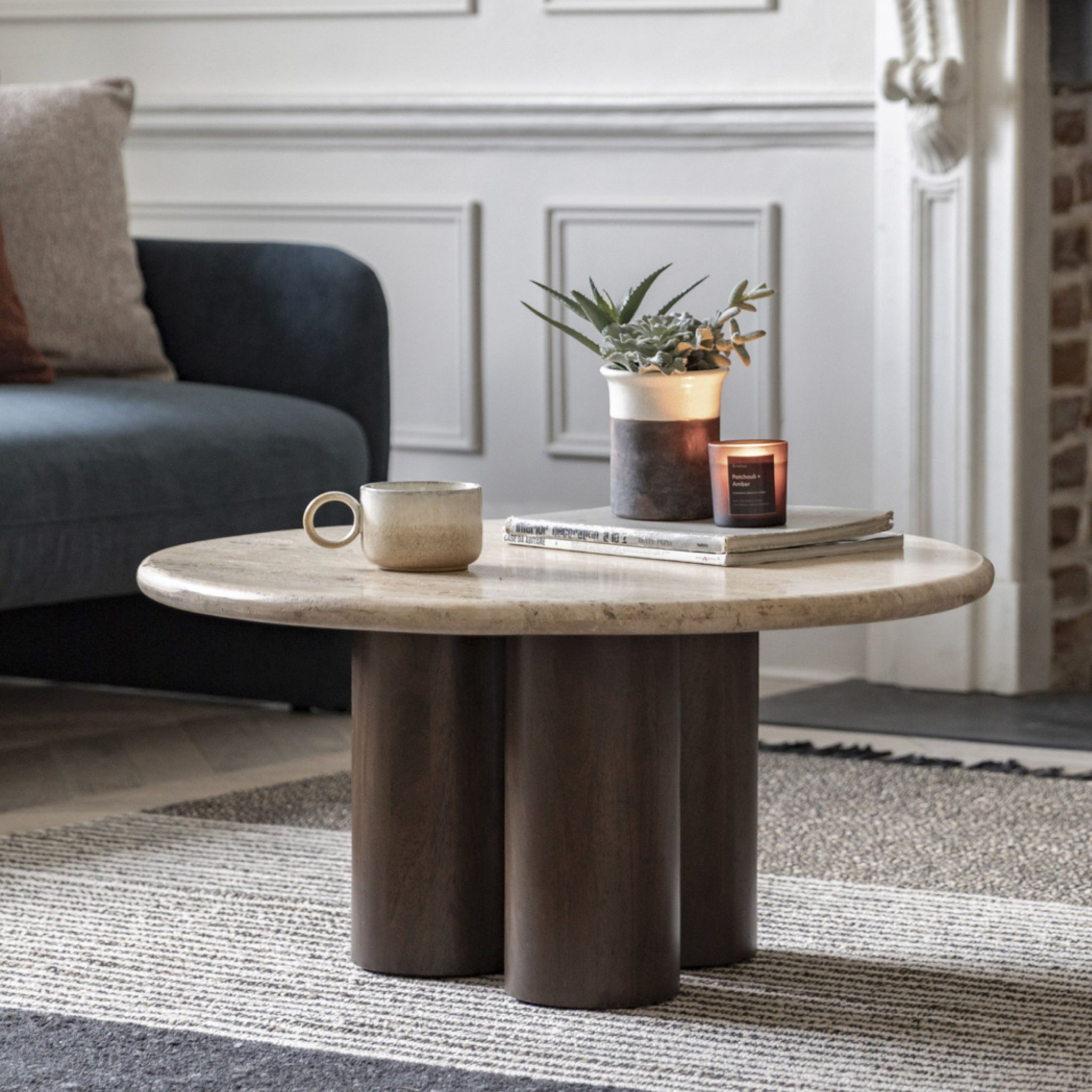 Mid Century Modern Inspired Coffee Table with Travertine Top - The Farthing